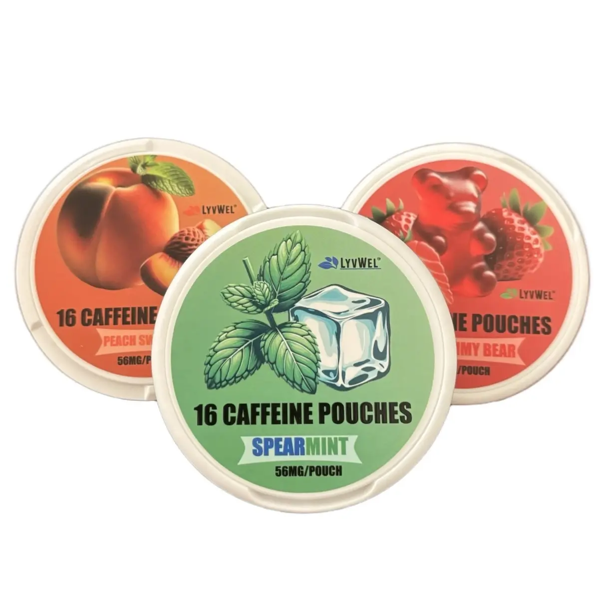 Caffeine Pouches 3 Pack - Red Gummy Bear, Spearmint & Peach Sweet Tea - 48 Pouches - Energy Drink, Boosts Immunity & Energy Beverage Flavor Strawberry