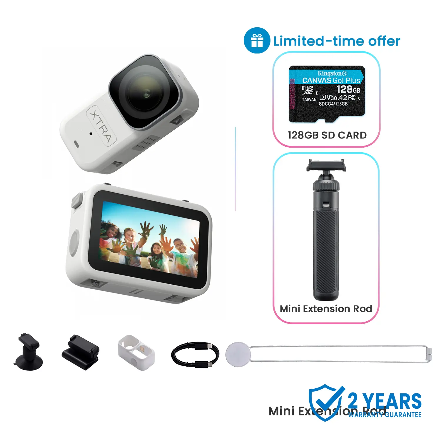 Xtra Atto Wearable 4K Action Camera, 54 g, Light and Compact, 1/1.3″ Sensor, 4K/60fps Video, 220‑Min Max Recording, 5-Min Pre-Recording, Built-in Stabilization, 128GB Storage, 600MB/s Fast Transfer