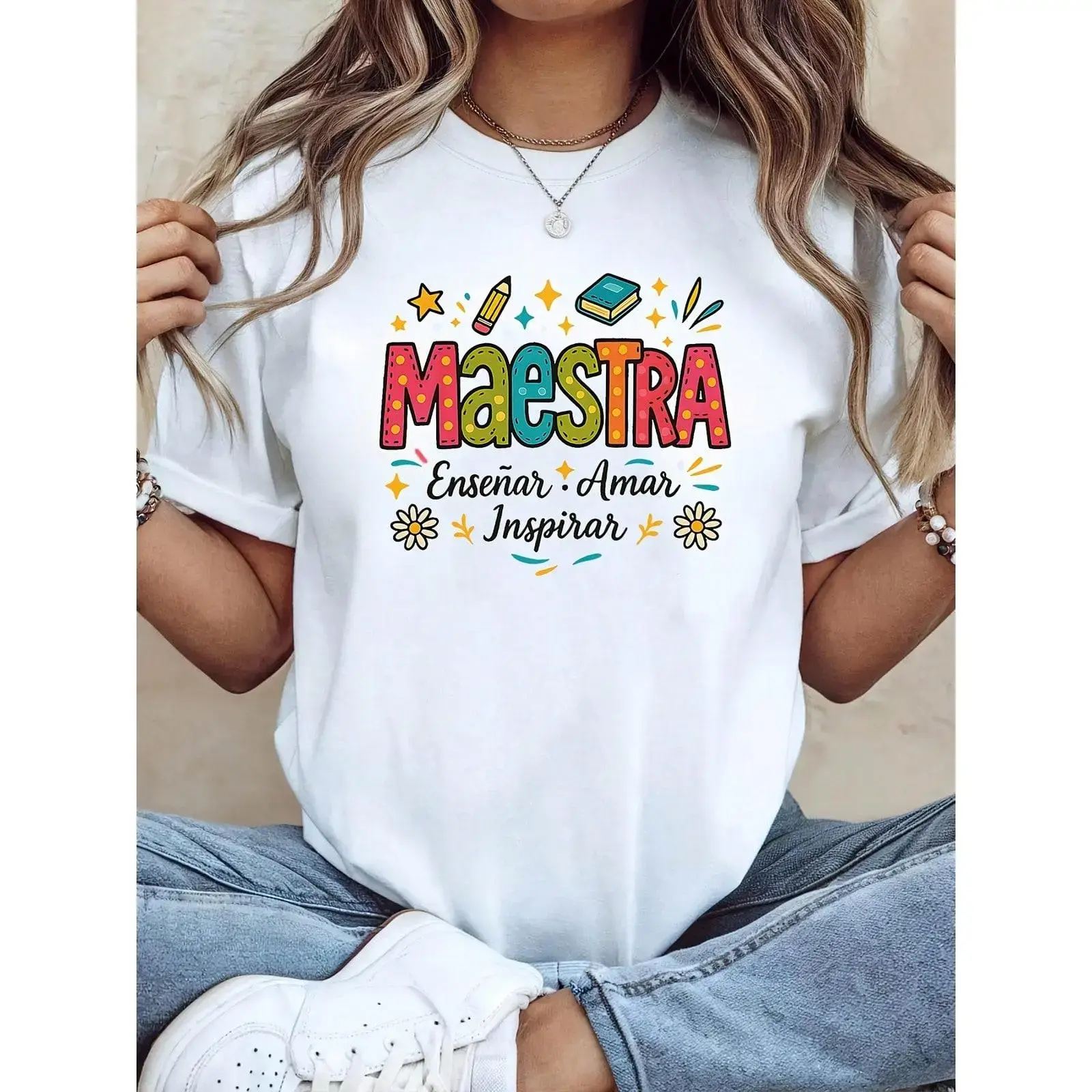 Women's Unisex Cotton Round Neck Short Sleeve Top - "Maestra" (Female Teacher) Mission Print, White Crewneck T-Shirt, Machine Washable, Casual Comfortable Fit, Fashionable Design, Suitable for Spring,Summer,Fall