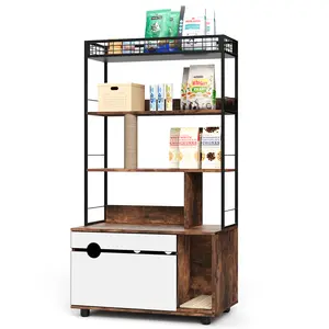 Cat Litter Box Enclosure with 4-Tier Storage Rack - Durable Vintage Brown Wood, Multi-Functional Furniture with Scratching Post and Indoor Cat House, Mess-Free Litter Box with Cushioned Mat, Brown