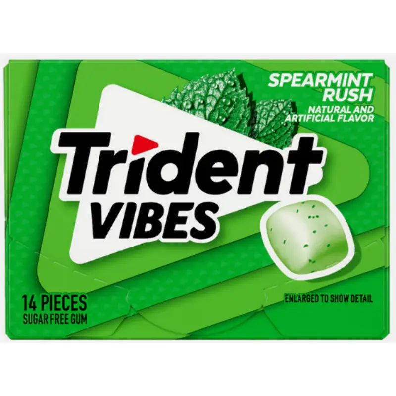 Trident Vibes Spearmint Rush Sugar Free Chewing Gum - 5 Packs, 14 Pieces Each, Sodium Free, Sugar Alcohol, Refreshing Flavor, Fresh Breath Snack, Gum Base Blend, Convenient Packaging, On-the-Go, Fat Free
