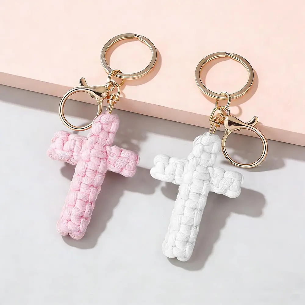 Handmade Cotton Cord Macrame Cross Keychain - Christianity Faith Charm, Macrame Weave Bag Attachment, Boho Woven Car Key Ring & Religious Gift Accessory For Backpacks