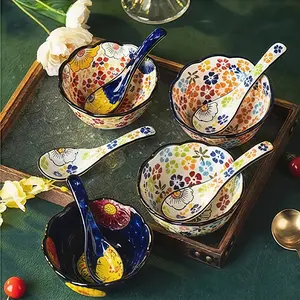 4pcs Handmade Bohemian Ceramic Bowl Set with Spoons, Colorful Small Soup Noodle Bowls, Multipurpose Rice Fruit Bowls for Home Hotel
