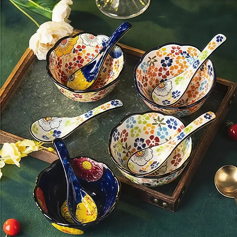 4pcs Handmade Bohemian Ceramic Bowl Set with Spoons, Ceramic Dinnerware Sets, Bohemian Style Tableware, Colorful Small Soup Noodle Bowls, Multipurpose Rice Fruit Bowls for Home Hotel