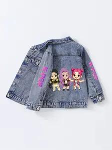 Tiktok Trendy K-Pop Cartoon Denim Jacket for Girls, Comfortable Loose-Fit All-Season Outerwear, Perfect for Dancing, Ages 1-8