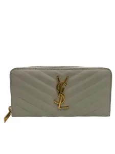 Pre-owned Yves Saint Laurent LEATHER Small Leather Goods YSL MONOGRAM ZIP AROUND WALLET OFF WHITE