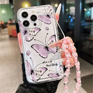 Sweet Butterfly Lace Phone Chain Strap Phone Charm, Transparent Full Coverage Tpu Case, Anti-Drop Thickened Gift for Friends & Relatives, Phone Accessory