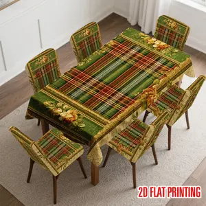 （2D Flat Printing） 4/5/6/7pcs Festive Floral Plaid Design Chair Cover And Tablecloth Set, Easy to Install & Wash, Fits Living Room, Home Decor, Restaurant Decor, Outdoor Camping, Festival Decor, Party Must-Have, Gifting