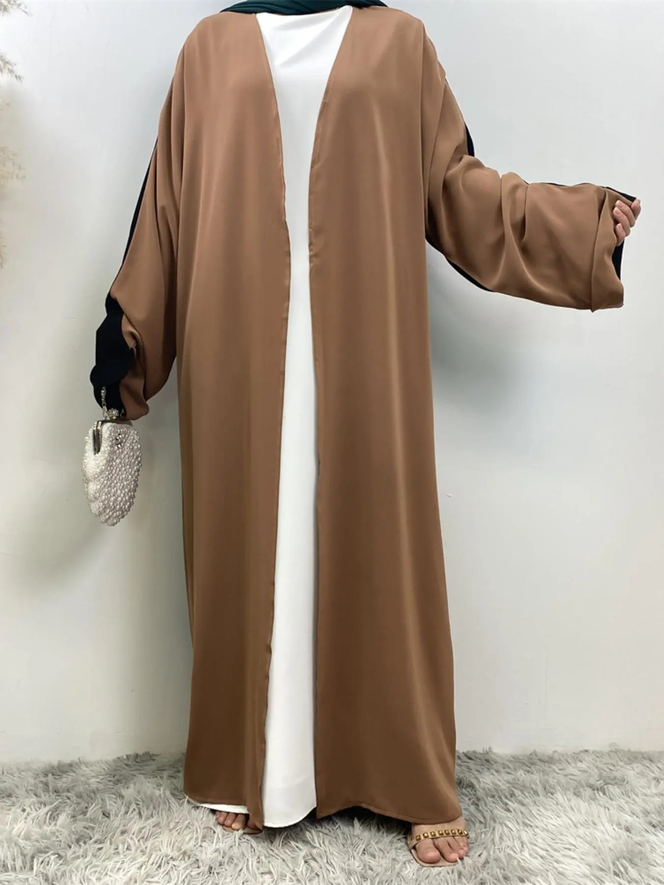 Women's  Colorblock  Batwing Sleeve Abaya, Modest Fashion Long Sleeve Open Front Abaya for Daily Wear, Women's Islamic Clothing for Spring & Fall