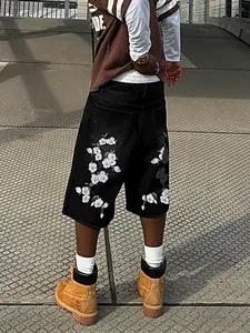 High Street Trendy Straight-Leg Loose Fit Hip-Hop Streetwear Denim Shorts, Sakura Embroidered Jeans, Men's Fashion Casual Denim Shorts