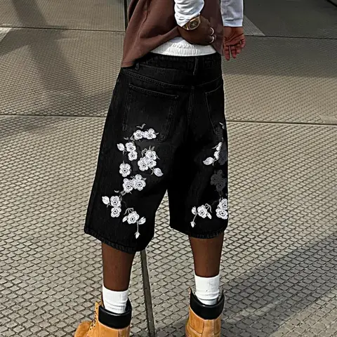 Men's Loose Fit Hip-Hop Street Style Casual Denim Shorts, Embroidered Denim Shorts, Vintage Washed Denim Shorts, Ideal for Outdoor Activities