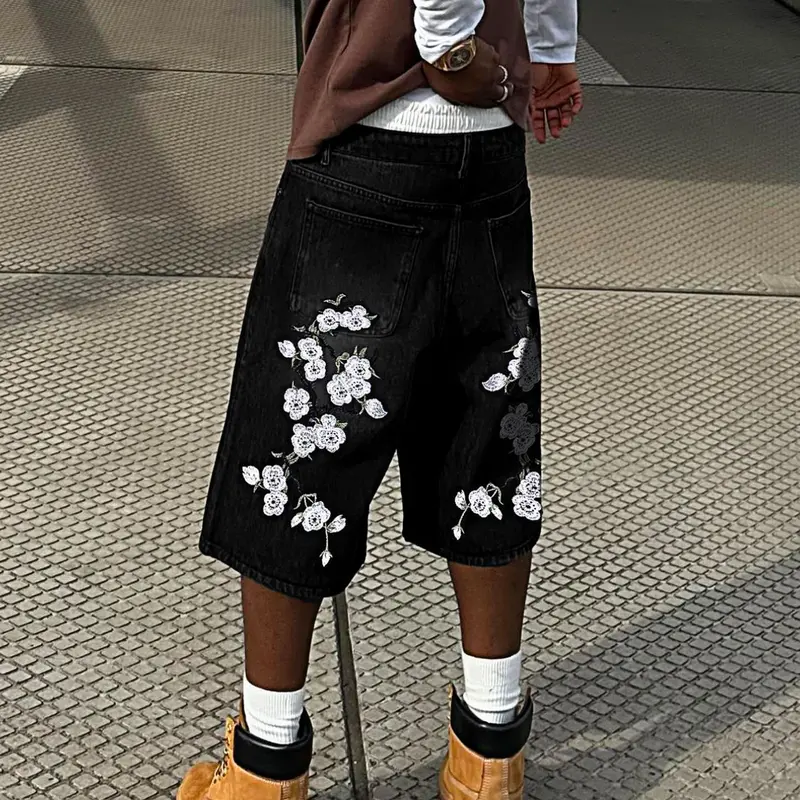 Men's Loose Fit Hip-Hop Street Style Casual Denim Shorts, Embroidered Denim Shorts, Vintage Washed Denim Shorts, Ideal for Outdoor Activities