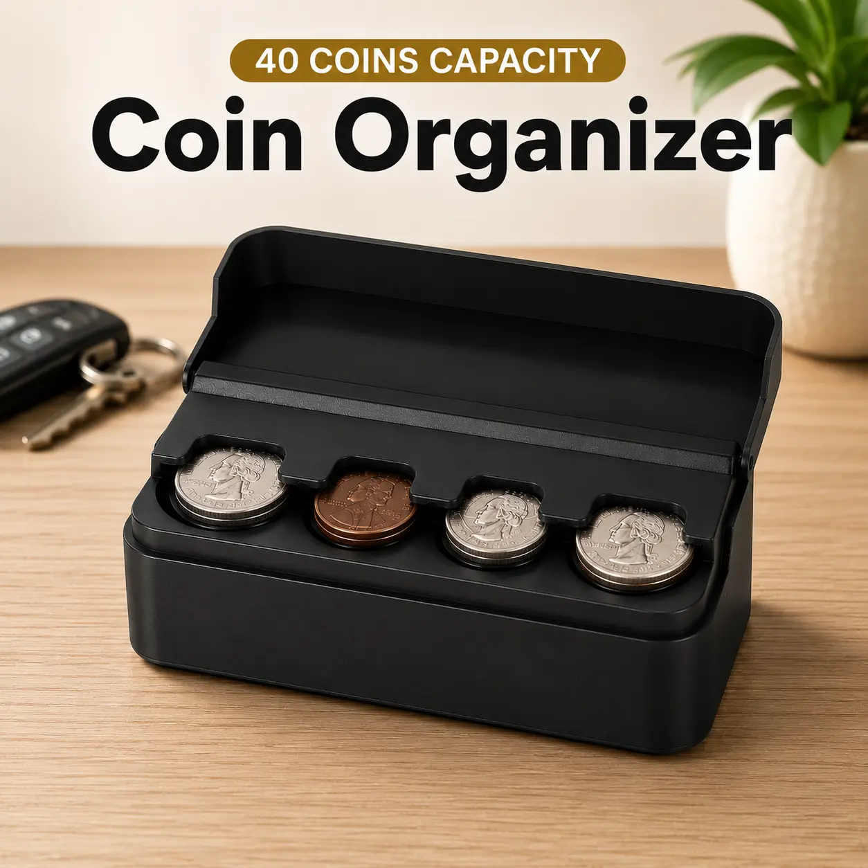 ONESHOW HOME Car Coin Holder Organizer, 4-Slot Coin Storage Box for Dashboard & Center Console, Portable Coin Dispenser for Car Interior