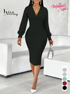 Aliling Elegant Slim-Fitting Long Sleeve Midi Dress with V Neck, Spring & Fall Women's Fashion, Stylish Waist-Tie Knit Dress for Casual Occasions