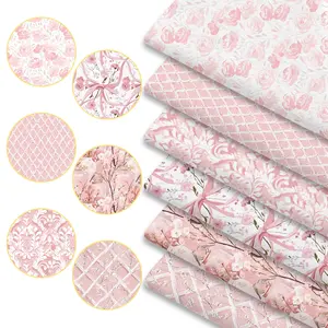 6pcs French Vintage Pink Fabric Bundles, 45cm*50cm/17.72in*19.69in Romantic Shabby Chic Pattern Fabric Squares for Quilting, Patchwork DIY Sewing Material for Bedding, Tablecloth, Bags, Headbands, Pillowcases