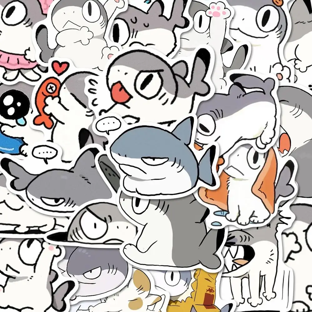 Cartoon Shark Cat Pattern Sticker, 56pcs Cute Self Adhesive Decal, DIY Decorative Sticker for Stationery Computer Water Bottle Skateboard
