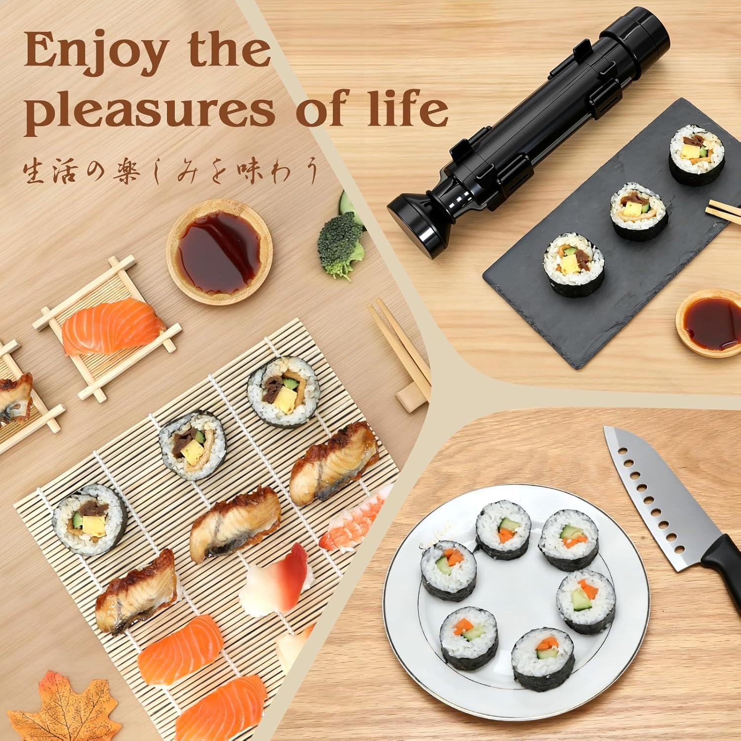 Sushi Making Kit, 16 in 1 Premium Sushi Maker, Suitable for Beginners/Professional Sushi Makers with Sushi Bazooka Roller, Bamboo Sushi Rolling Mat, Sushi Knife, Guide Book & More (Black)