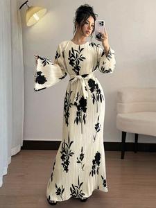 women's floral print belted flounce sleeve dress, elegant modesty long sleeve round neck a line dress for spring & fall, women's clothing for daily wear, womenswear, tunic dress