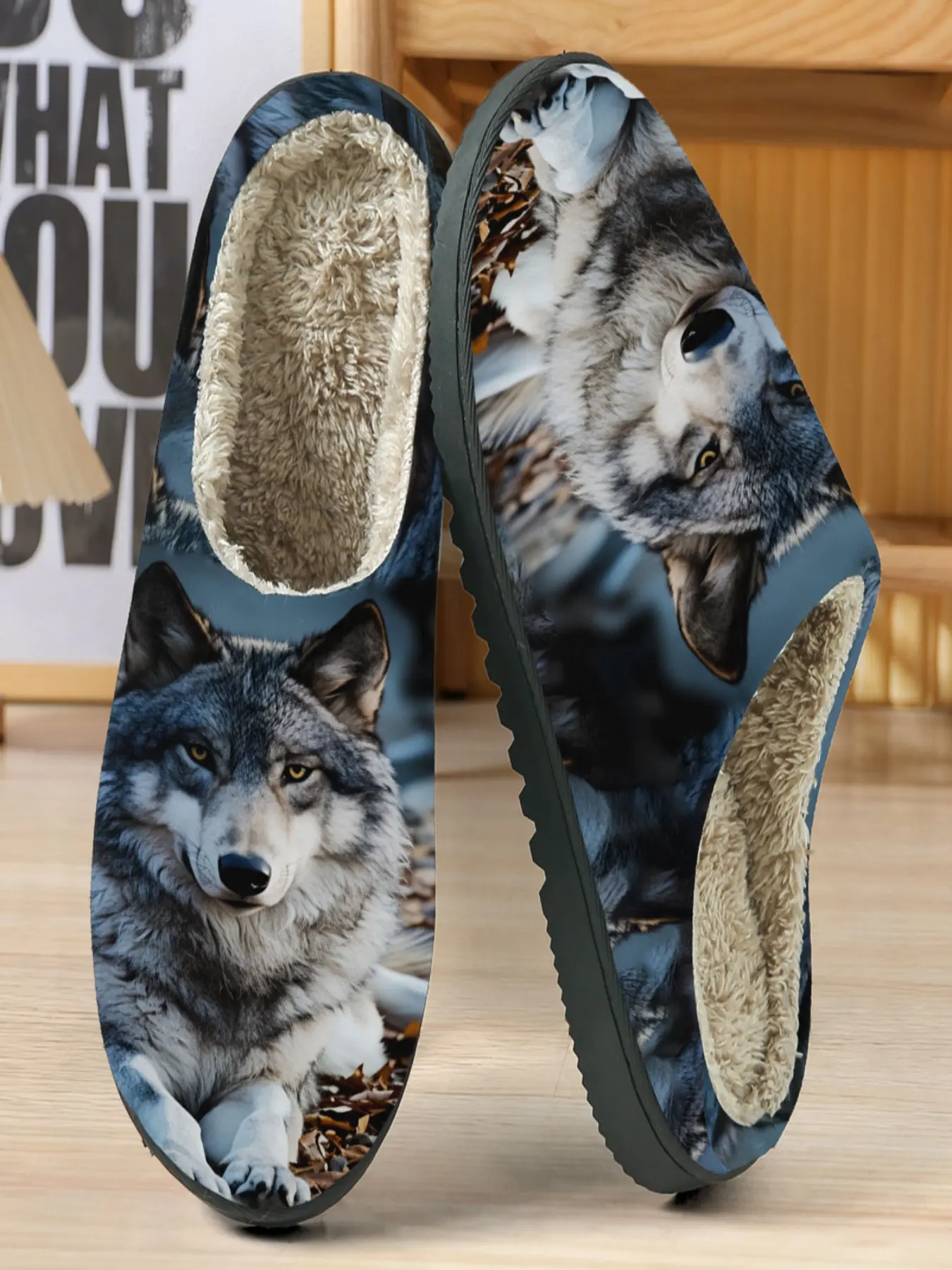 Realistic Wolf Cotton Slippers, Dried Leaf Background, Cold Wolf Pattern, Fuzzy Lining, Casual Home Wear, Fall & Winter
