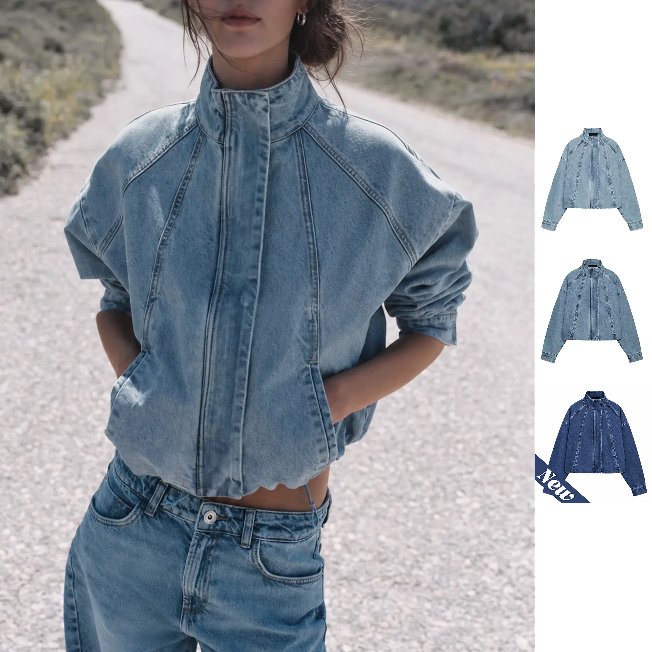 Wandal Women’s 100% Cotton Oversized Cut Cropped Denim Bomber Jacket - Light Wash, Stand Collar, Front Zip Up, Drop Shoulders, Casual Streetwear Concert Apparel for Fall Winter Tops, Jackets, Coats, Clothes for Women,sohochic