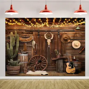 Western Cowboy Party Background Banner, Rural Cabin & Farmhouse Design Backdrop, Photography Background for Wall Garden Home Decoration, Ornaments