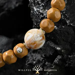 Willful Magnolia Aurora Feather No-Self Monkey Head Cheese No-Self Single Loop Bracelet 10mm Style Premium Elastic String 14-16cm Carved Walnut Amber