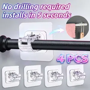 4PCS No-Drill Curtain Rod Brackets, Transparent Adhesive Plastic Hangable Hook Holders, Window, No Drilling or Nails Required, Multi-Purpose for Bathroom, Kitchen, and Bedroom