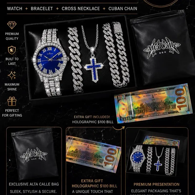Elegant 4PCS Matching Iced Out Jewelry Set for Female - Watch, Cuban Chain, Cross Necklace + Bracelet, Jewelry for Girlfriend, with Free Gift Bag