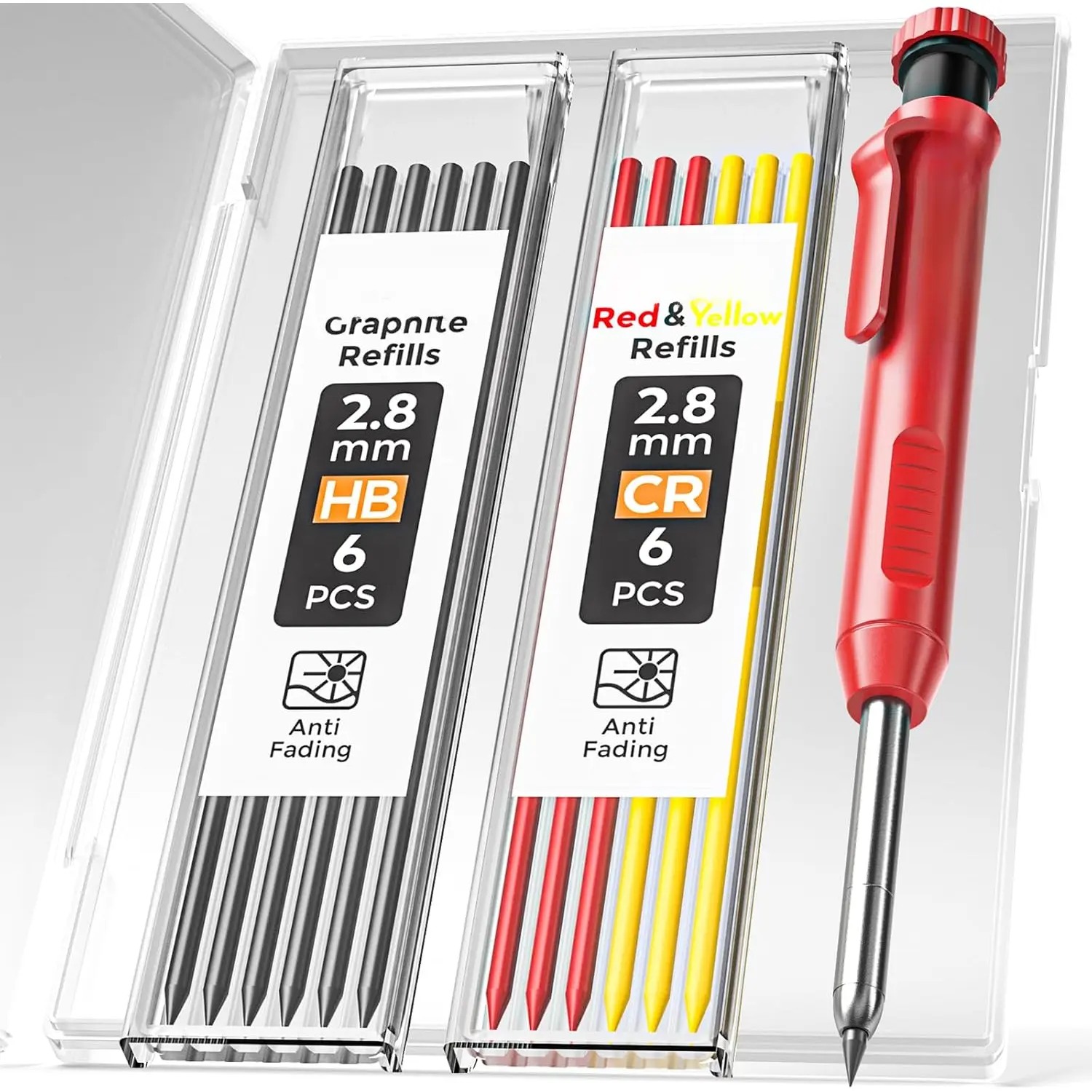 CP1000 Carpenter Pencil with Sharpener, 2.8 mm Mechanical Pencils with 13 Refills, Deep Hole Marker for Construction, Heavy Duty Woodworking Pencil, Carpenter Tools for Architect Marking