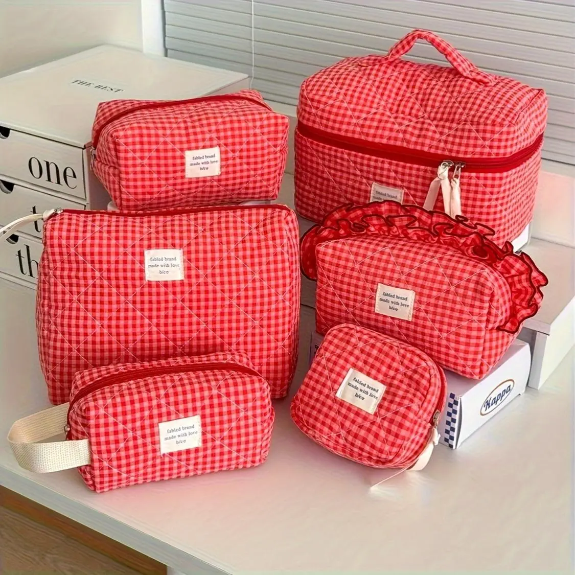 The Jelly Home 6-Piece Raspberry Checkered Classic Plaid Cosmetic Bag Set, Ins-Style Niche Vintage Vanity Bag with Zipper, Portable Home Storage & Travel Tote for Women