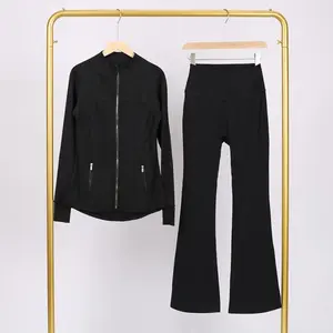Embossed Stand Collar Jacket and Cropped Pants Set with Gold Zipper, Slim Fit, Stretchy, Quick-Dry Fitness Yoga Wear
