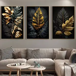 Optional Wooden Frame Nordic Abstract Wall Art Plants Modern Luxury Black and Gold Leaves HD Canvas Print Poster Home Living Room Bedroom Decoration Abstract Pattern Print