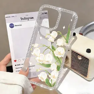 Lily of the Valley Pattern Glitter Bling Diamond Case for iPhone 17 16 15 14 13 12 Pro Max Plus,Luxury Sparkle Rhinestone Soft Silicone Protective Bumper Cover for Women and Girls