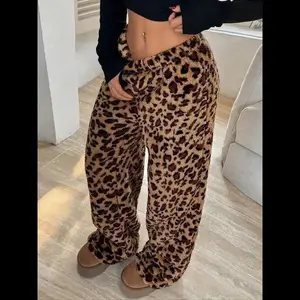 Women's Fluffy Leopard Print Pants Low Waisted Elastic Drawstring Long Baggy Pant Casual Cheetah Print Palazzo Pants Outfit Cozy Wide Leg Loose Trousers