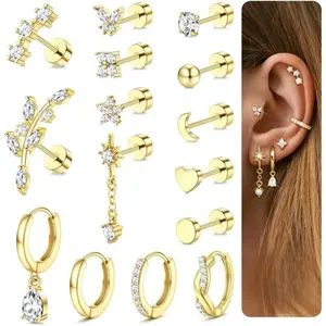 THUNARAZ 15 Pcs Golden Silvery Vintage Ear Hoops Studs for Women Men Chunky Surgical Steel Copper Hypoallergenic Stud Hoop Earring Set Cartilage Flat Back Earrings for Daith Conch Tragus Helix Piercing Jewelry Set