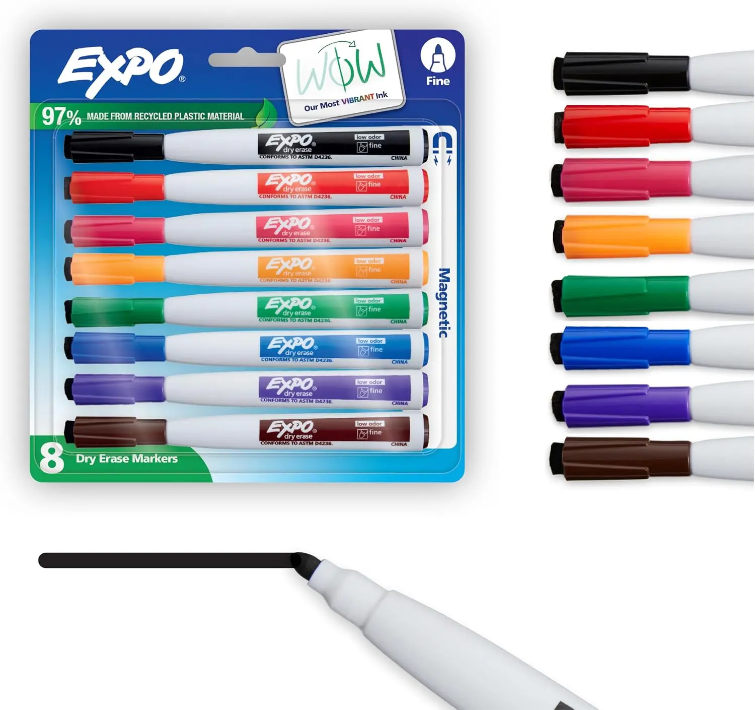 EXPO Magnetic Dry Erase Markers - Fine Tip, Assorted Set Colorful Pack, 8 Count, Bold Quick-Drying Ink, Low Odor, Eraser Built in Cap, Easy Storage for Office Marking Needs
