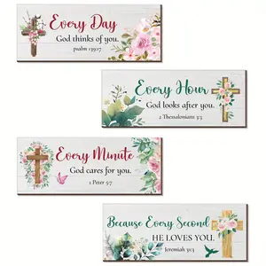 Set of 4 Inspirational Bible Verse Wall Art - 2D Flat Wooden Scripture Plaques for Religious Cross Decorations, Non-Electric Home Decor - Perfect for Living Room, Bedroom, Toilet, and Bathroom - Country Cottage Wall Decor