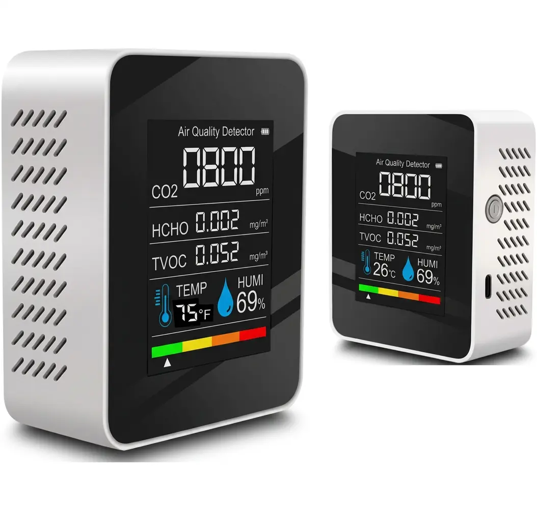 8-in-1 Lightweight Indoor Air Quality Monitor, Portable CO2 Detector with LCD Color Screen, Formaldehyde HCHO TVOC Temperature Humidity Tester, USB Rechargeable for Home Office