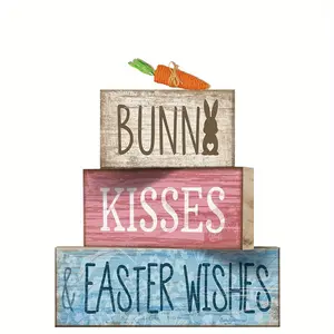4 Pcs Easter Table Decoration Wooden Rabbit Easter Tiered Tray Decor Cute Bunny Centerpiece Rustic Wooden Bunny Block Sign Farmhouse Holy Week Party Decoration for Home Kitchen Shelf