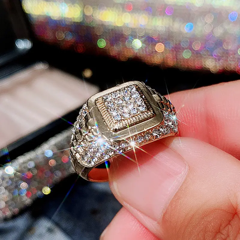 Iced Out Cuban Ring for Him, Geometric Cube Pattern Costume Jewelry, Excellent Gift Ideas, Sizes 7-11