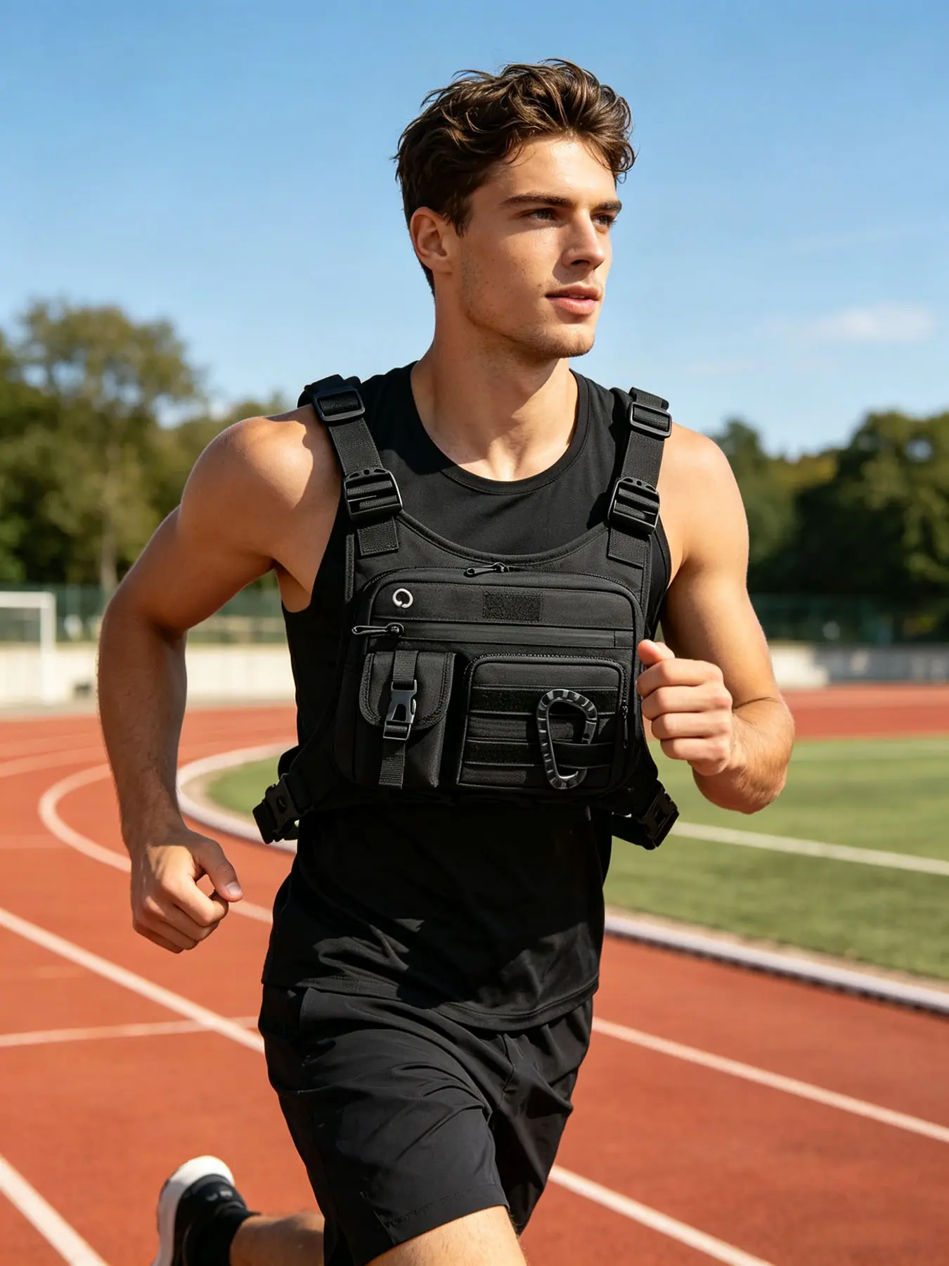Unisex Multi-Compartment Sports Chest Bag, Adjustable Active Running Vest Pack with Breathable Mesh Fabric, Hands-Free Sling Pouch for Men & Women, Great for Jogging, Travel & Workouts