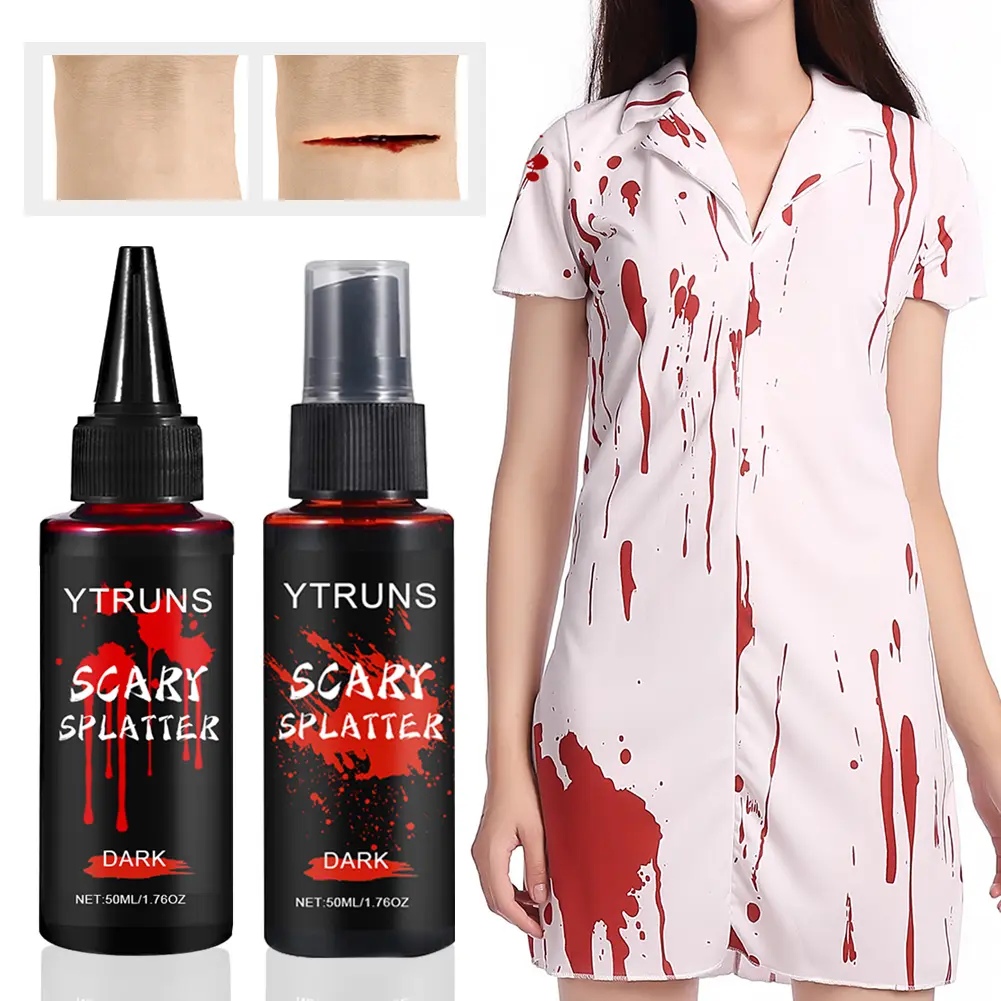 Ytruns 2-Piece Fake Blood Halloween Makeup Kit, Realistic Washable SFX Set with 1.76oz Dark Spray and Dripping Blood for Zombie & Vampire Costumes, Makeup Halloween, Face Halloween Makeup