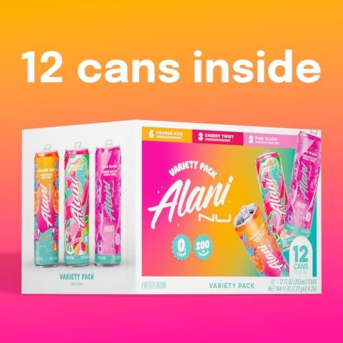Alani Nu VARIETY PACK CHERRY TWIST, PINK SLUSH, ORANGE KISS Sugar Free, Low Calorie Drinks, 200mg Caffeine, Biotin B Vitamins, Zero Sugar, 10 Calories, 12 Fl Oz Cans, 12 Pack