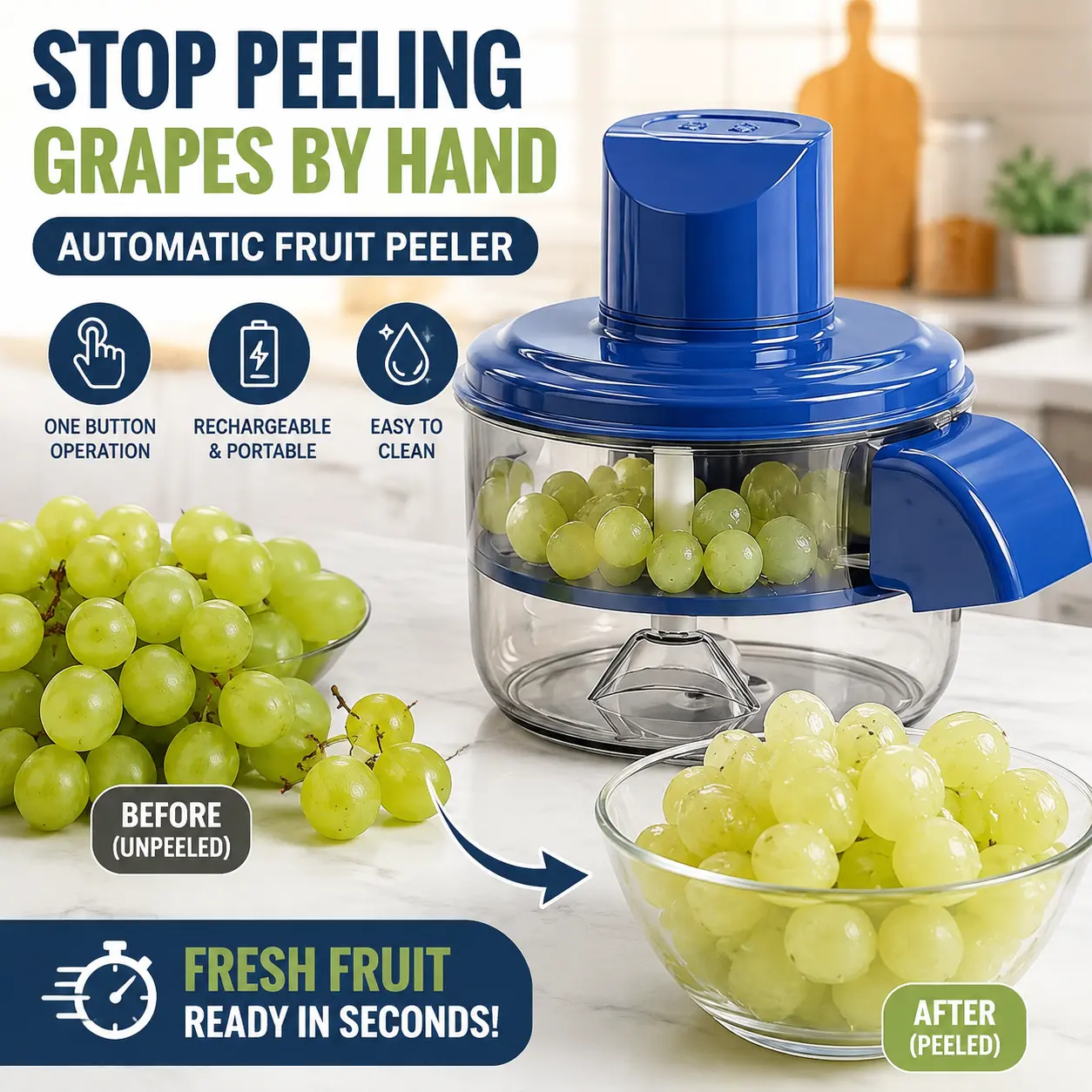 Electric Fruit Peeler — Garlic peeler for small fruits, peels garlic cloves in seconds while preserving the fruit flesh, quick rinsing and cleaning, suitable for home kitchens