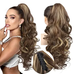Ponytail Extension 24" Long Curly Wavy Claw Clip in Medium Blonde with Highlights Japanese Tech Synthetic Fibers for Daily & Party Use