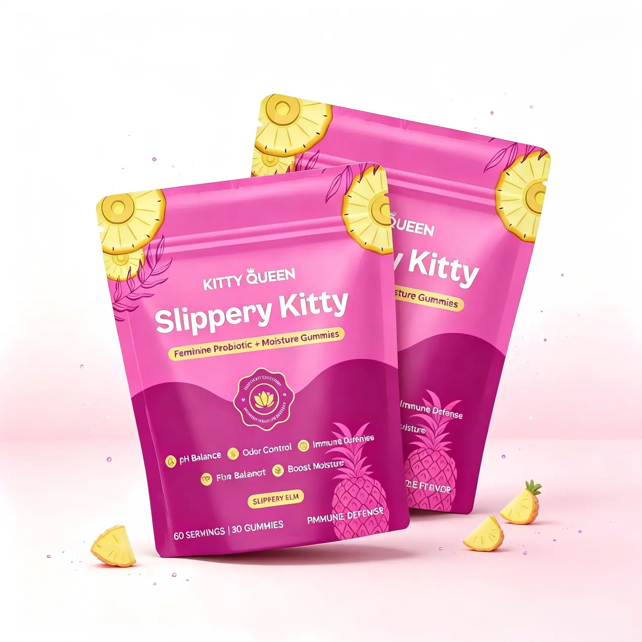 Slippery Kitty Feminine Probiotic + Moisture Gummies - All in One Solution with Slippery Elm 60 Count Pineapple Flavor Her Juicy Renewing Tasty Pineapple Flavor Gummy Candy Snack Fruity Chewy Multi-Benefit Jelly Candy