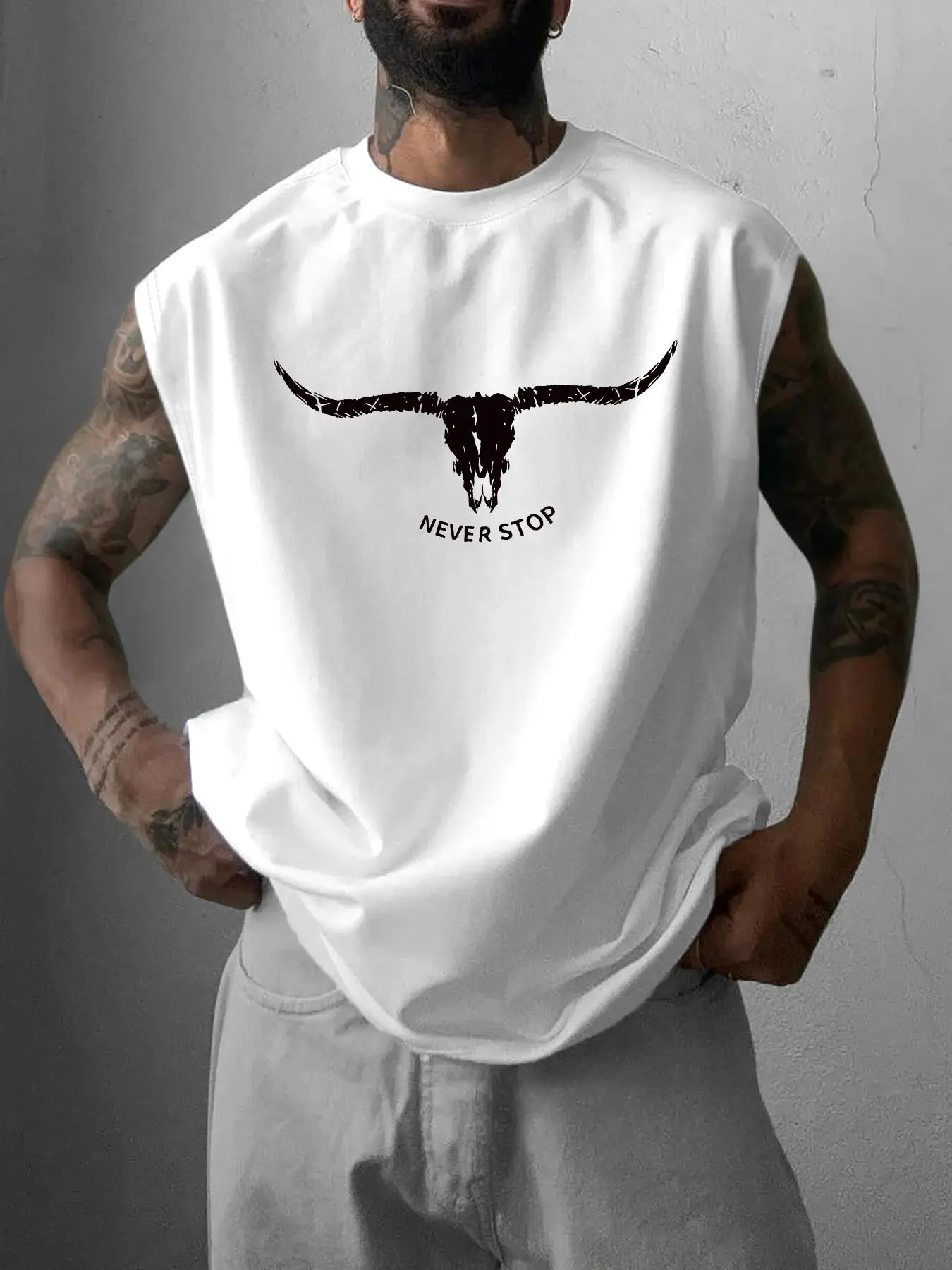 Men's Regular Fit Bull Head Print Tank Top, Casual Tee, Casual Comfy Sleeveless Top for Summer, Men's Clothes for Daily Wear, Casual Street Fashion