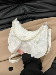 1 Piece Of Versatile Crossbody Bag, Shoulder Purse With Bow Pearl Nylon Zipper Closure, Suitable For Daily Use, Adjustable Shoulder Strap, Suitable For School And Travel, Can Easily Accommodate Daily Necessities, Crossbody Purses