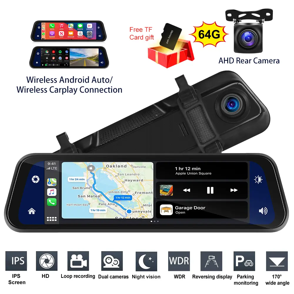 9.66-in HD Touchscreen In-Mirror Vehicle Video Player with Audio, IP68 HD Dual-Camera, Wireless CarPlay Screen, Android Auto, Voice Control, Easy Original Mirror Attachment, Bluetooth, Auxiliary Input, TF Card, Vehicle Accessory, Fathersday Gift, Car Scre