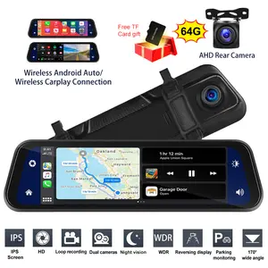 9.66-inch High Definition Screen CarPlay Car In-Mirror Mounted Video Player Suppport Rear Camera Supports Android Auto With Voice Control Rear Camera(Can be attached to the original rear view mirror)